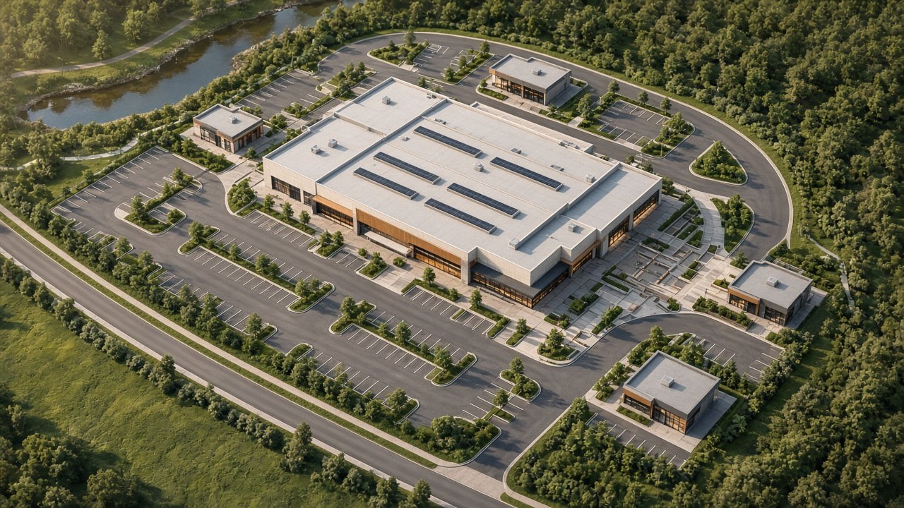 Aerial view of a retail center with a main building, corner pads, parking and a wooded edge