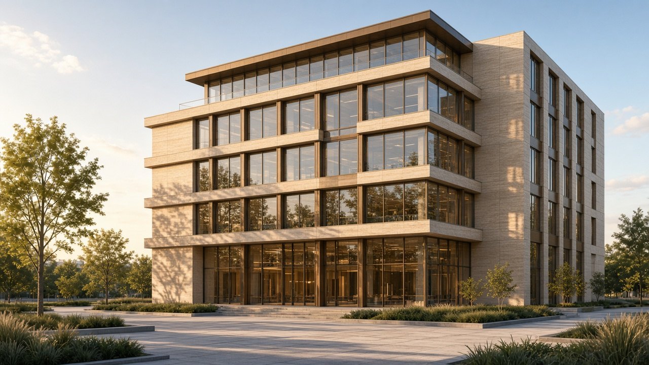 Five-story office building in warm cream stone with bronze frames, stepped terraces and a landscaped plaza