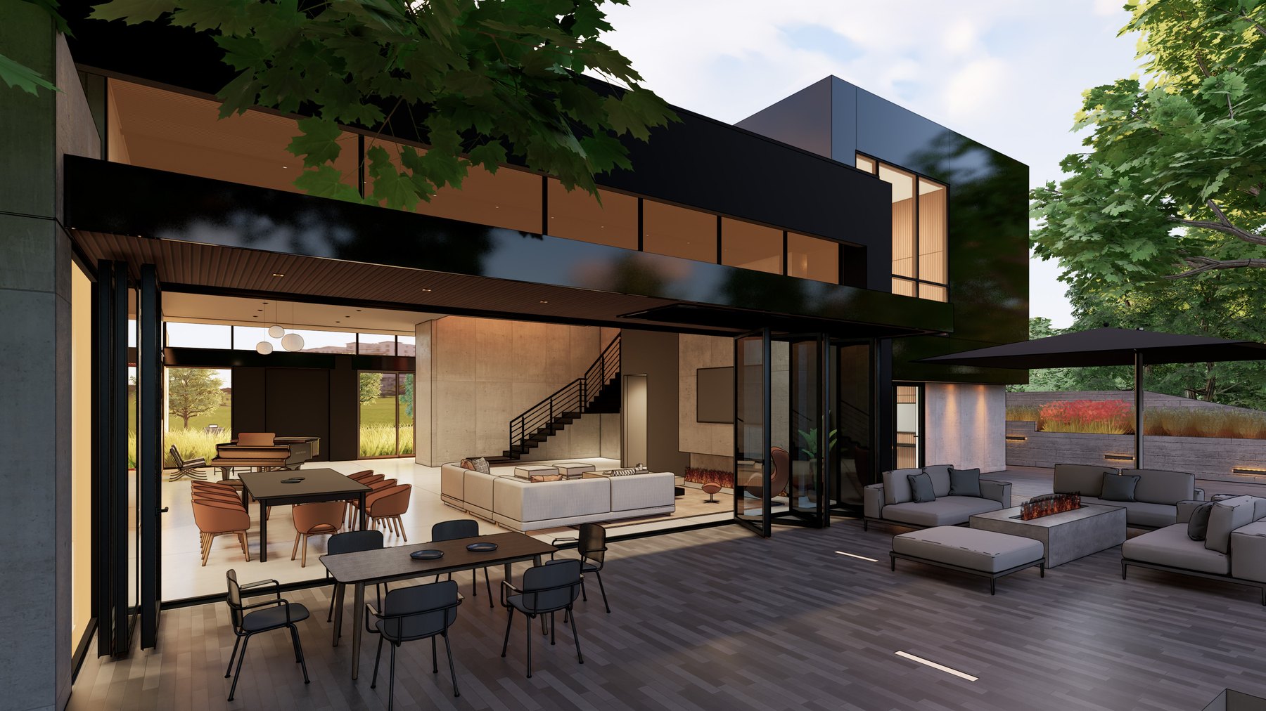 Open living and dining room with fully open glass doors to a covered patio