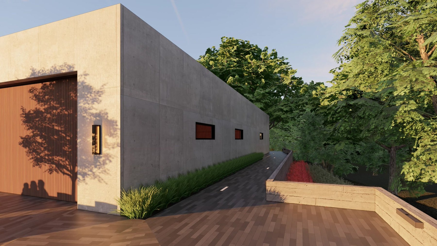 Tall sand-colored concrete wall with a large warm wood door and a slim wall sconce