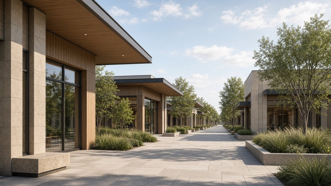 Pedestrian promenade between single-story retail units clad in light stone and warm wood, with stone planters and slender trees