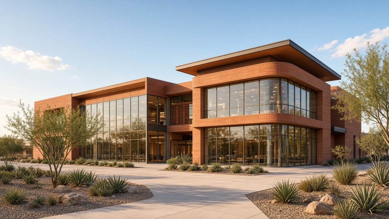 Two-story terracotta and glass commercial building in a desert garden at golden hour