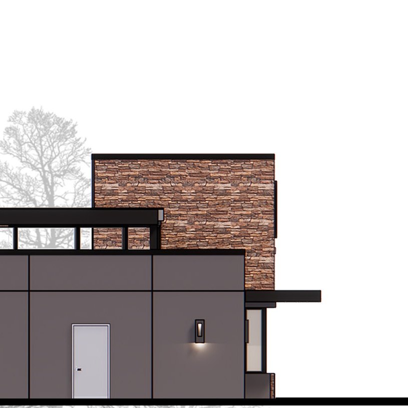Rear elevation of a retail pad with a tall stacked-stone volume and flat black roofline