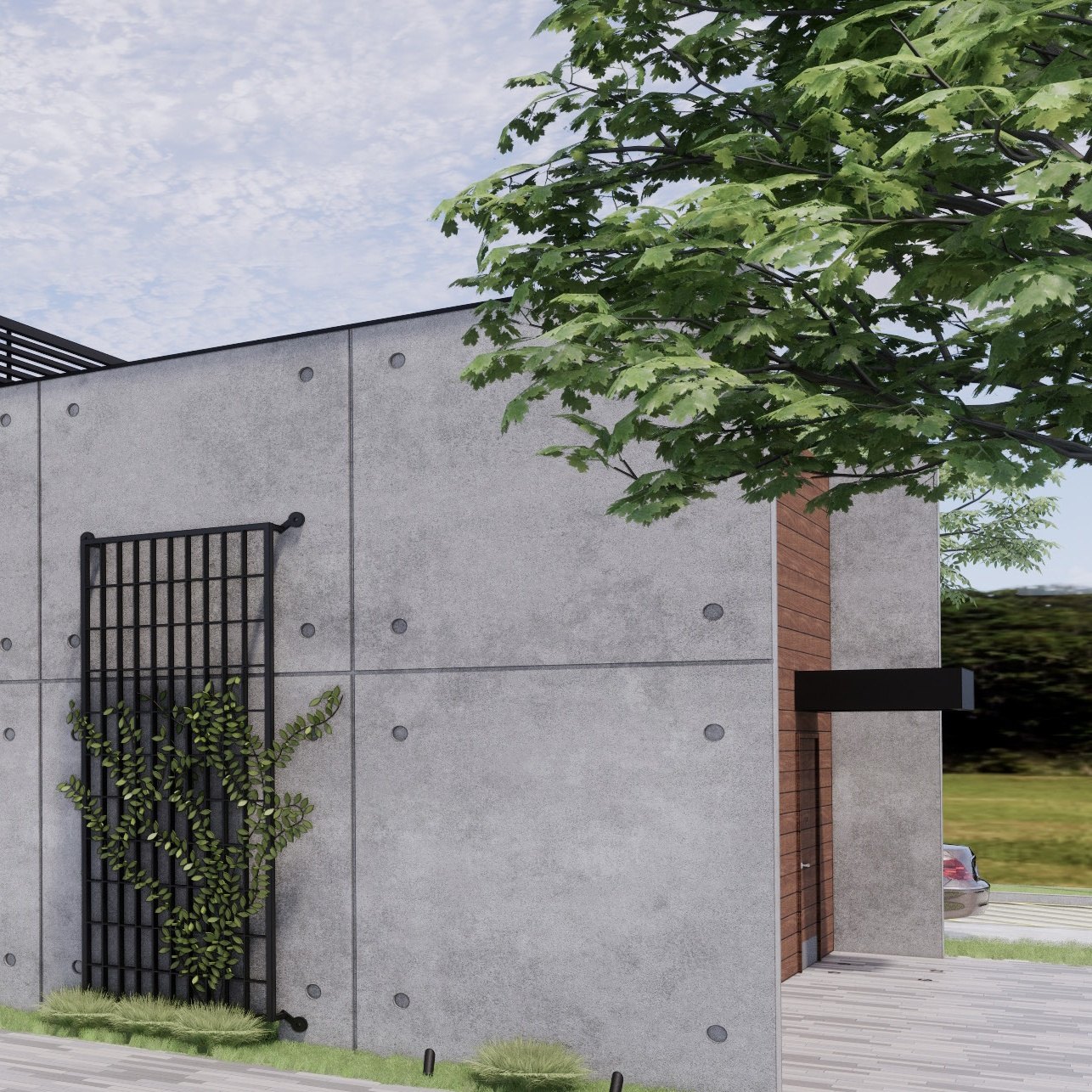 Concrete wall with a timber trellis and warm lighting at the entry of a coffee pad