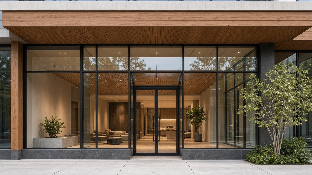 Glass lobby entrance under a deep wood-slat soffit with a lounge visible inside